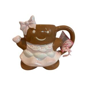 Peppermint And Pine Gingerbread Pink Girl Bow Mug Christmas Heart in Hand NEW